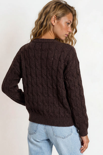 Aspen Cardigan - Crew Neck Button Front Short Polo Knit in Coffee