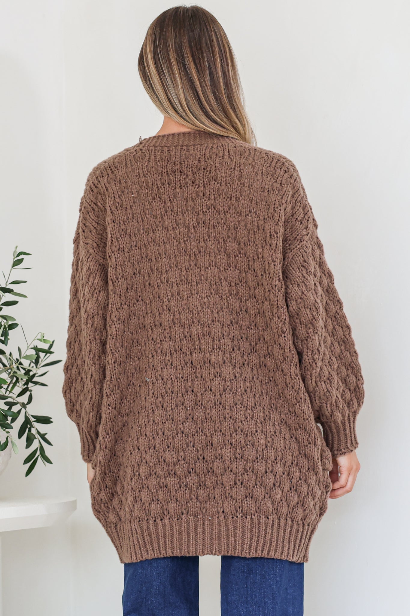 Attlee Cardigan - Chunky Open Cable Knit with Pockets and Rib Knit Trim in Coffee