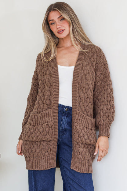 Attlee Cardigan - Chunky Open Cable Knit with Pockets and Rib Knit Trim in Coffee