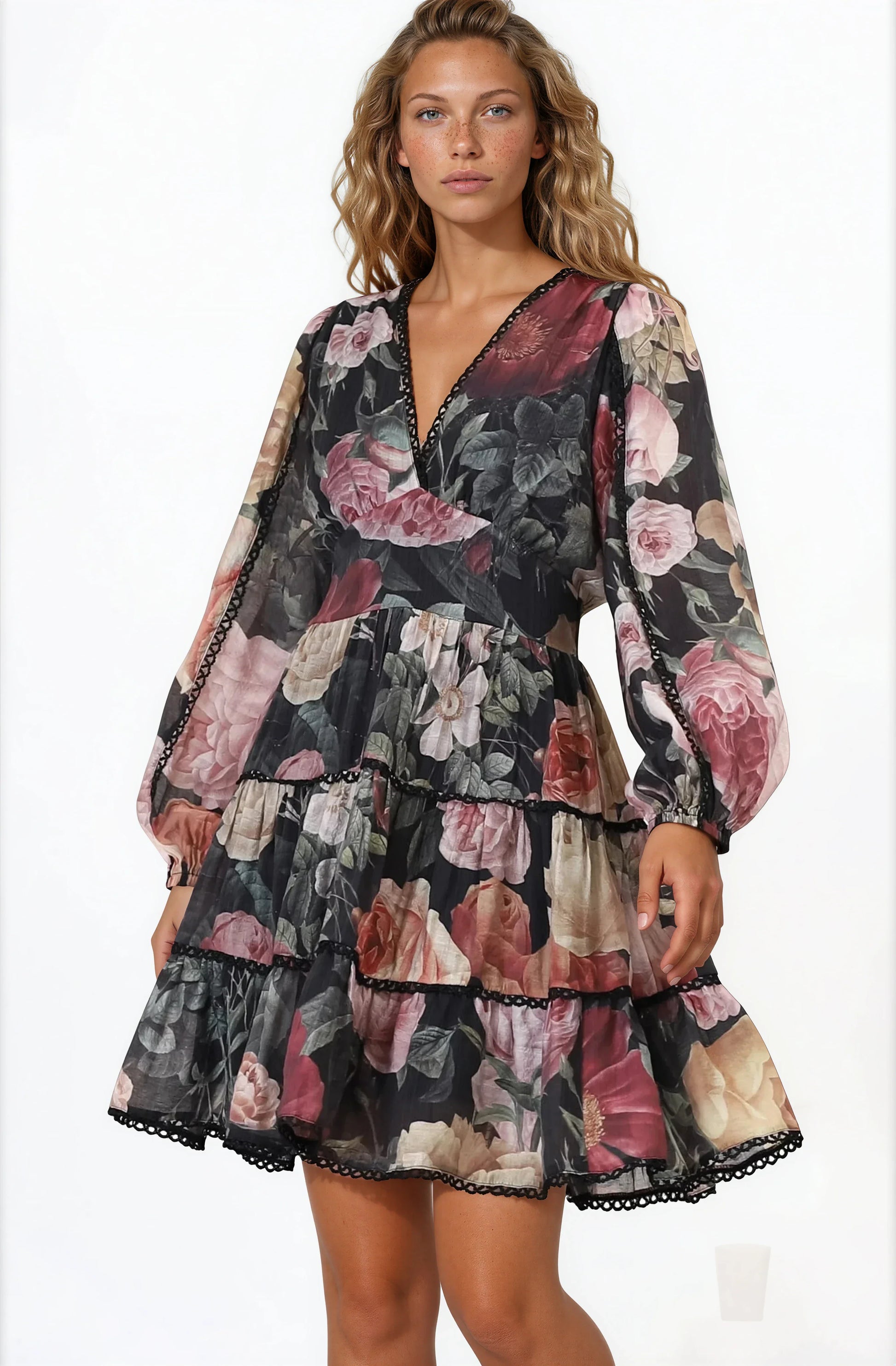 Audrey Mini Dress - Delicately Detailed Tiered A-Line Dress in Bortie Print Black