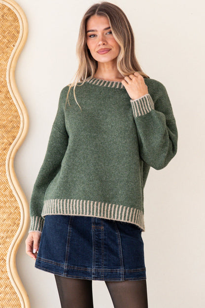 Aura Jumper - Crew Neck Jumper with Contrast Stripe Trim in Dark Green