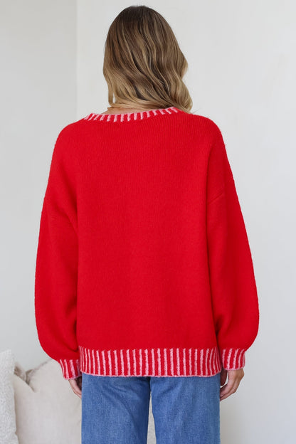Aura Jumper - Crew Neck Jumper with Contrast Stripe Trim in Red