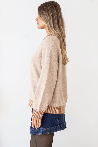 Aura Jumper - Crew Neck Jumper with Contrast Stripe Trim in Mocha