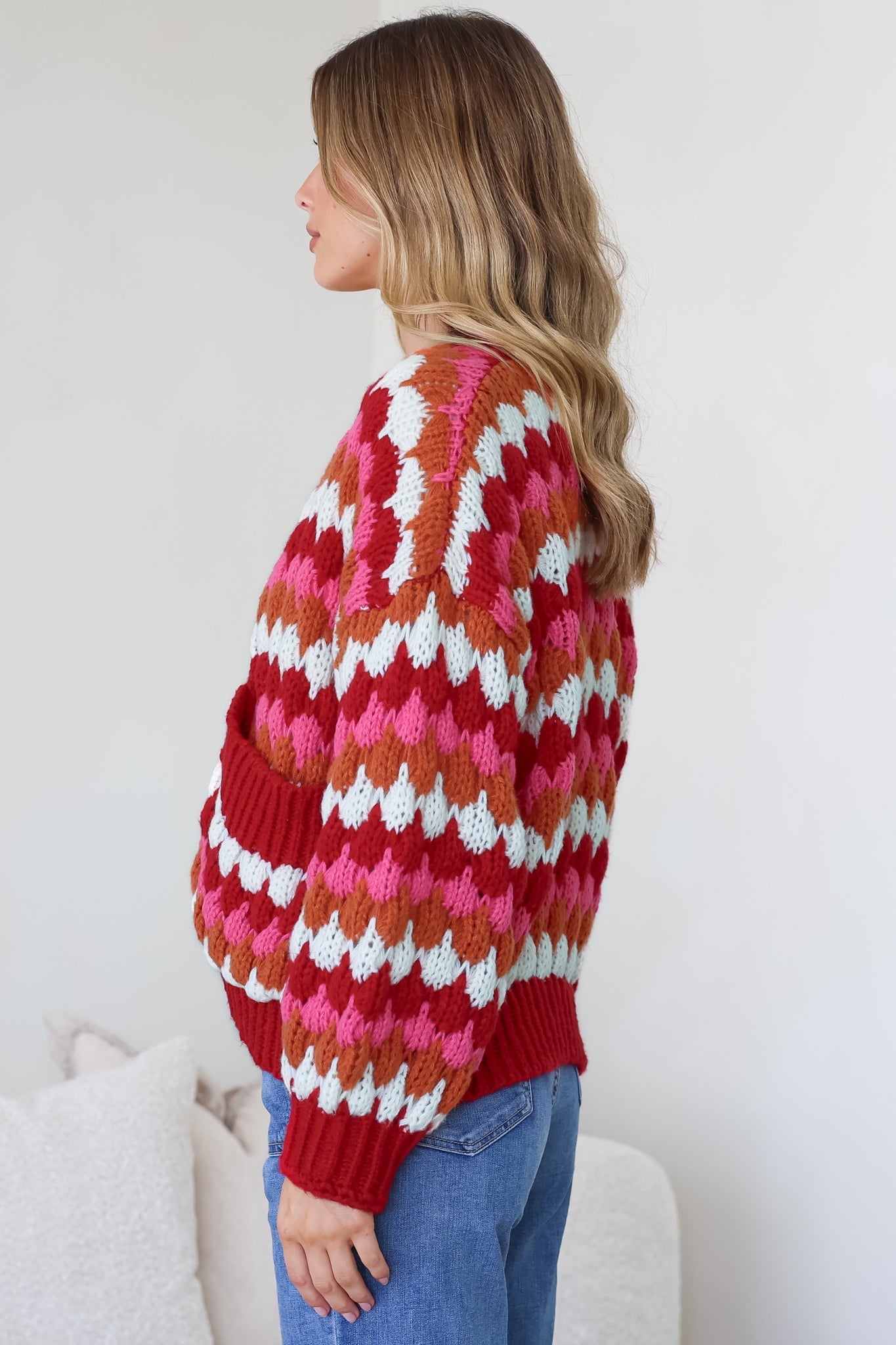 Avery Cardigan - Open Front Bubble Knit with Pockets in Red Multi