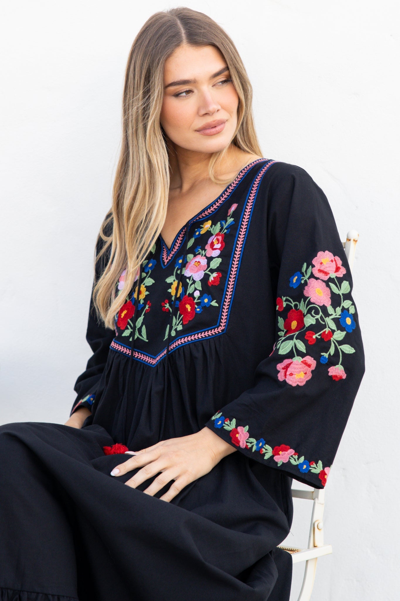 Azalea Midi Dress - Floral Embroidered Bodice Motif Shift Dress with Frill Hem in Black