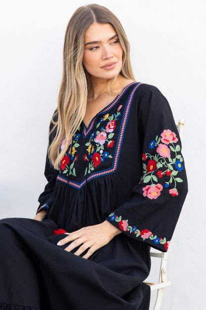 Azalea Midi Dress - Floral Embroidered Bodice Motif Shift Dress with Frill Hem in Black