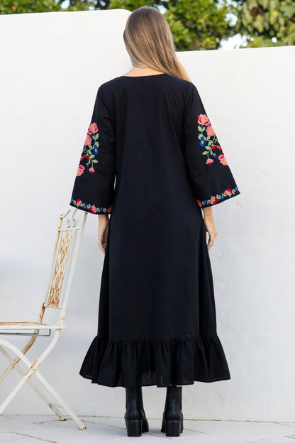 Azalea Midi Dress - Floral Embroidered Bodice Motif Shift Dress with Frill Hem in Black
