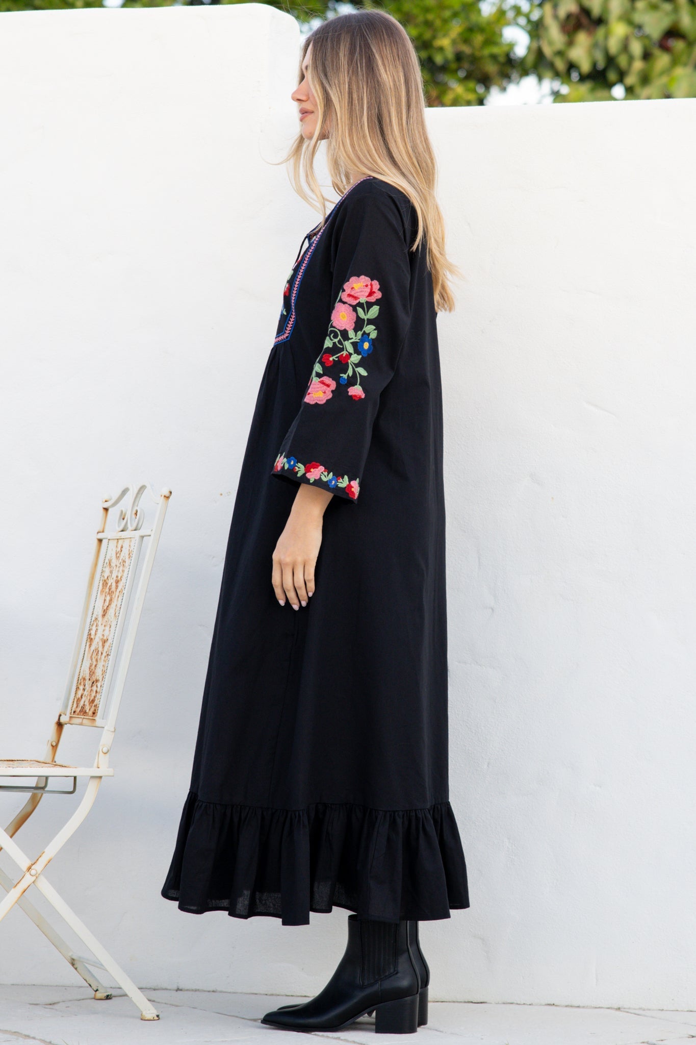 Azalea Midi Dress - Floral Embroidered Bodice Motif Shift Dress with Frill Hem in Black
