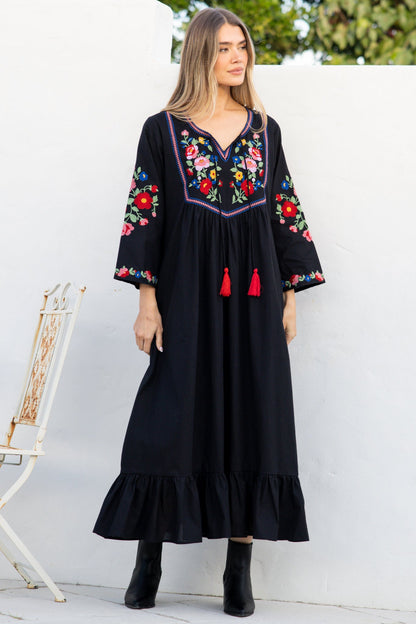 Azalea Midi Dress - Floral Embroidered Bodice Motif Shift Dress with Frill Hem in Black