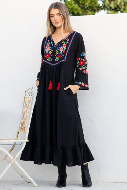 Azalea Midi Dress - Floral Embroidered Bodice Motif Shift Dress with Frill Hem in Black