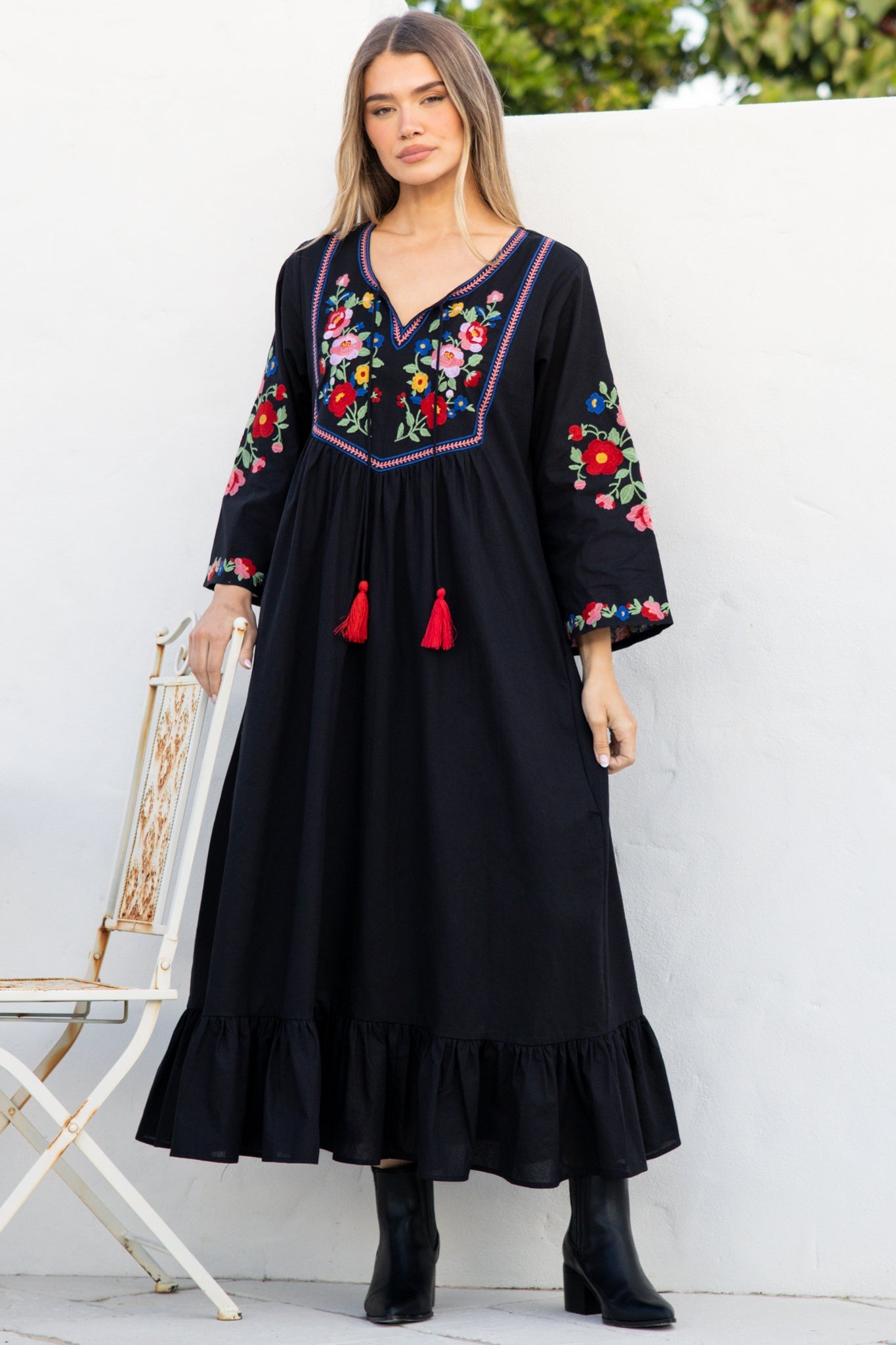 Azalea Midi Dress - Floral Embroidered Bodice Motif Shift Dress with Frill Hem in Black
