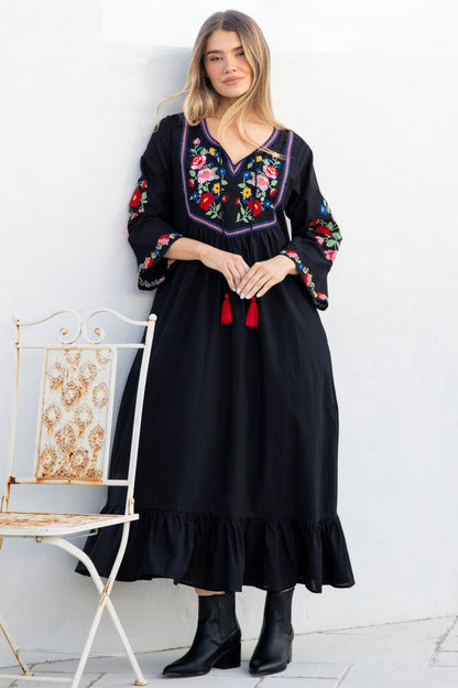 Azalea Midi Dress - Floral Embroidered Bodice Motif Shift Dress with Frill Hem in Black