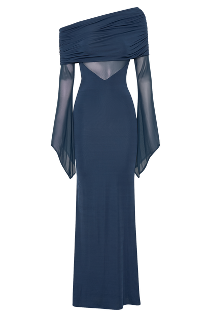 Kaitlin One Shoulder Slinky And Mesh Maxi Dress - Midnight Blue