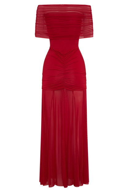 Caspian Slinky And Mesh Off Shoulder Maxi Dress - Ruby
