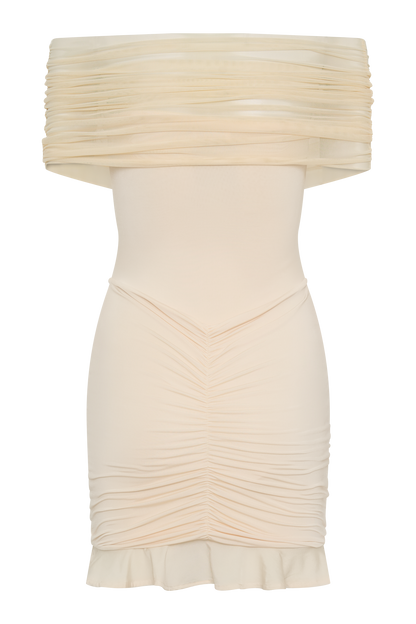 Caspian Slinky And Mesh Off Shoulder Mini Dress - Ivory