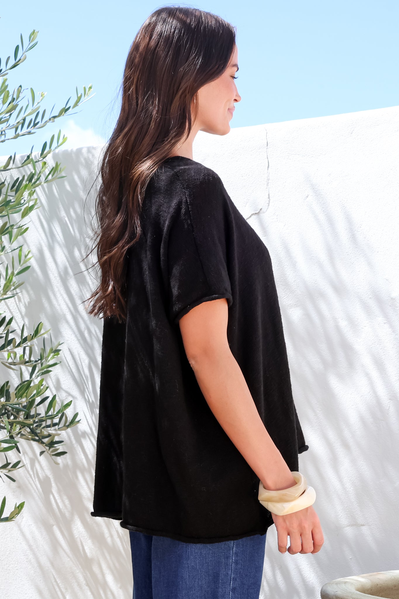 Baha Knit Top - Relaxed V Neck Cotton Knit with Short Sleeves in Black