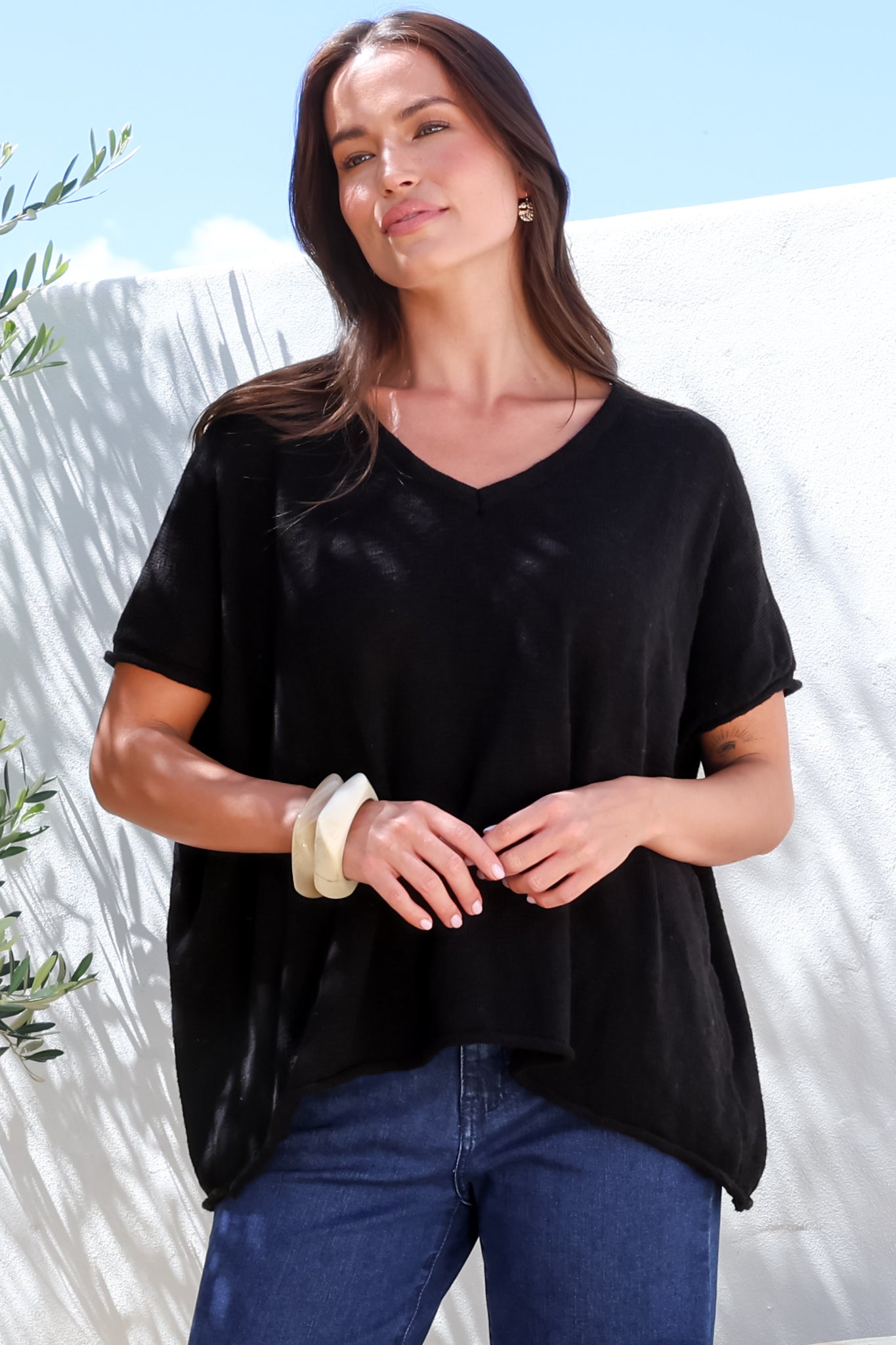 Baha Knit Top - Relaxed V Neck Cotton Knit with Short Sleeves in Black