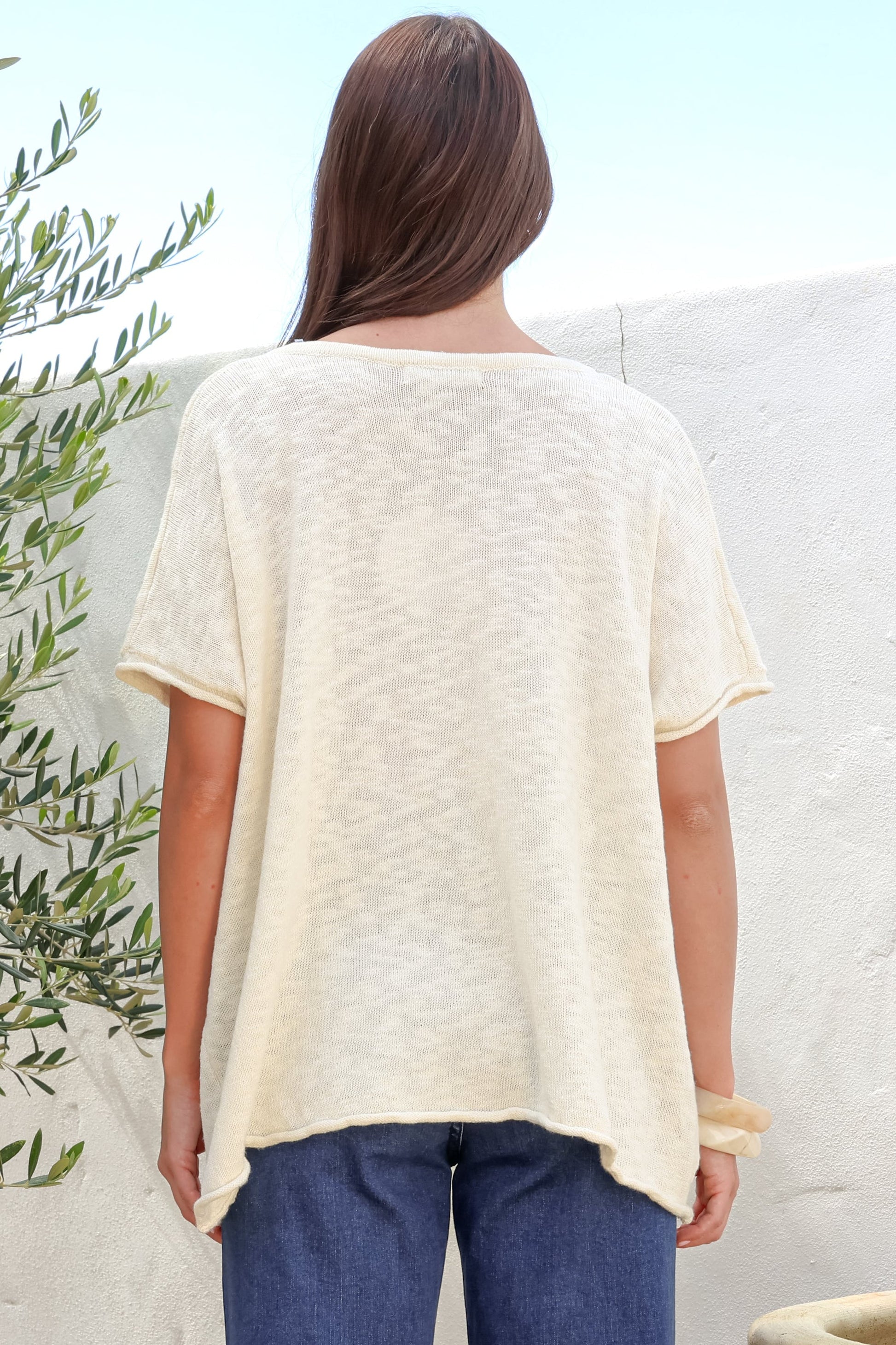 Baha Knit Top - Relaxed V Neck Cotton Knit with Short Sleeves in White