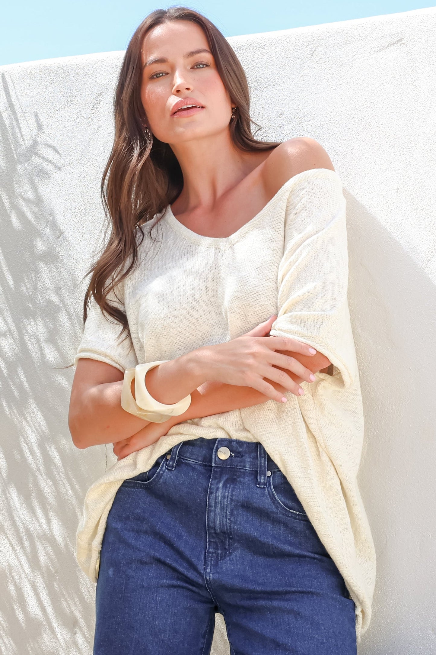 Baha Knit Top - Relaxed V Neck Cotton Knit with Short Sleeves in White