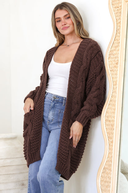 Beckett Cardigan - Open Front Chunky Cable Knit with Pockets in Chocolate