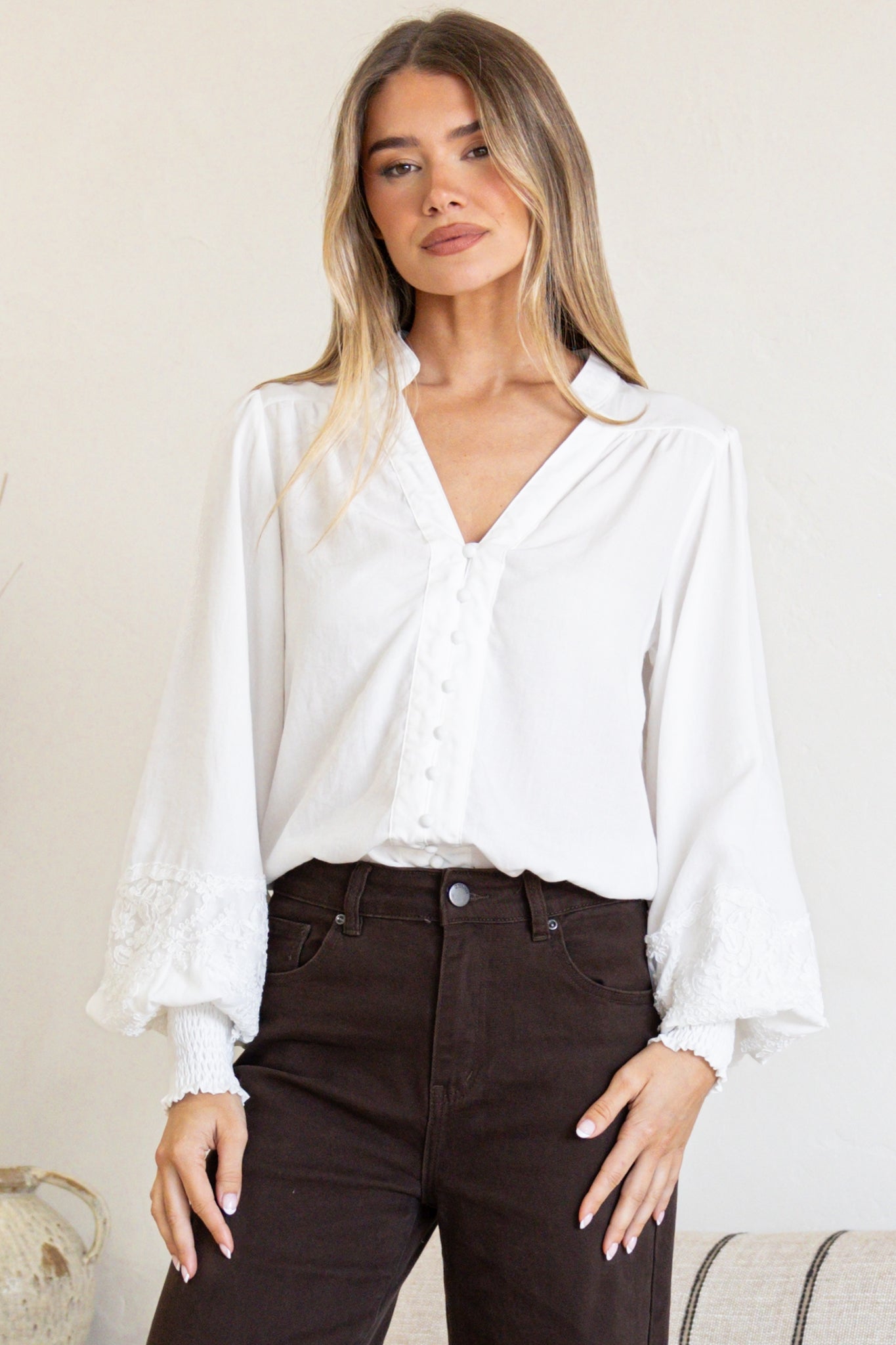 Beldon Blouse -High Mandarin Collar Button Down with Lace Motif Balloon Sleeves and Thick Shirred Cuffs in White