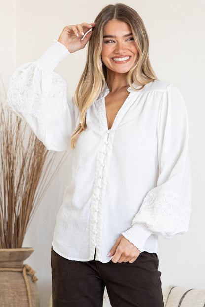 Beldon Blouse -High Mandarin Collar Button Down with Lace Motif Balloon Sleeves and Thick Shirred Cuffs in White