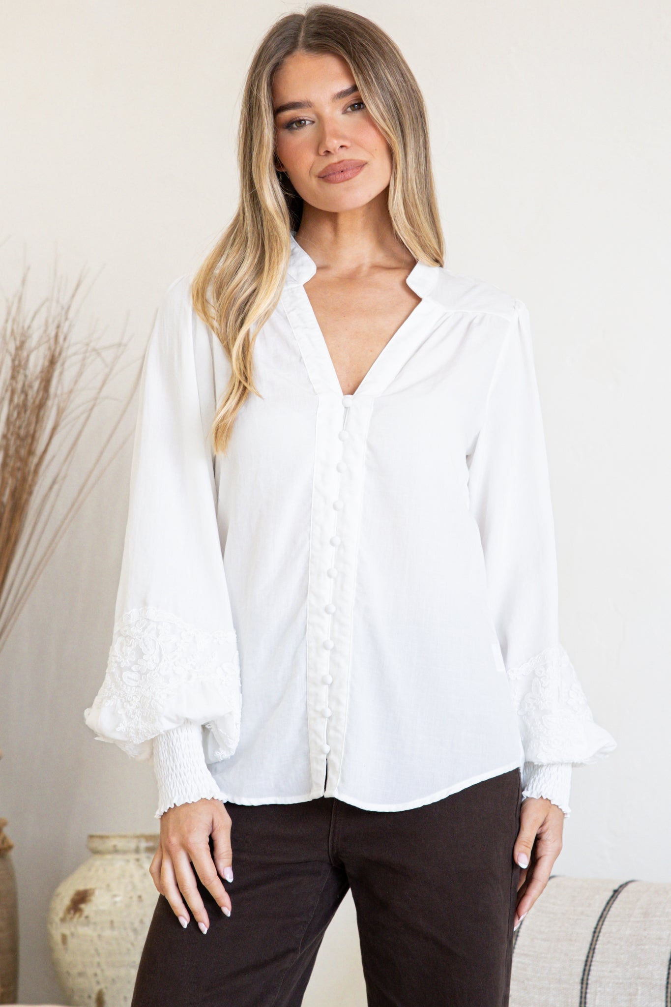 Beldon Blouse -High Mandarin Collar Button Down with Lace Motif Balloon Sleeves and Thick Shirred Cuffs in White
