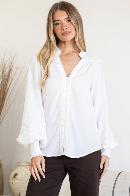 Beldon Blouse -High Mandarin Collar Button Down with Lace Motif Balloon Sleeves and Thick Shirred Cuffs in White