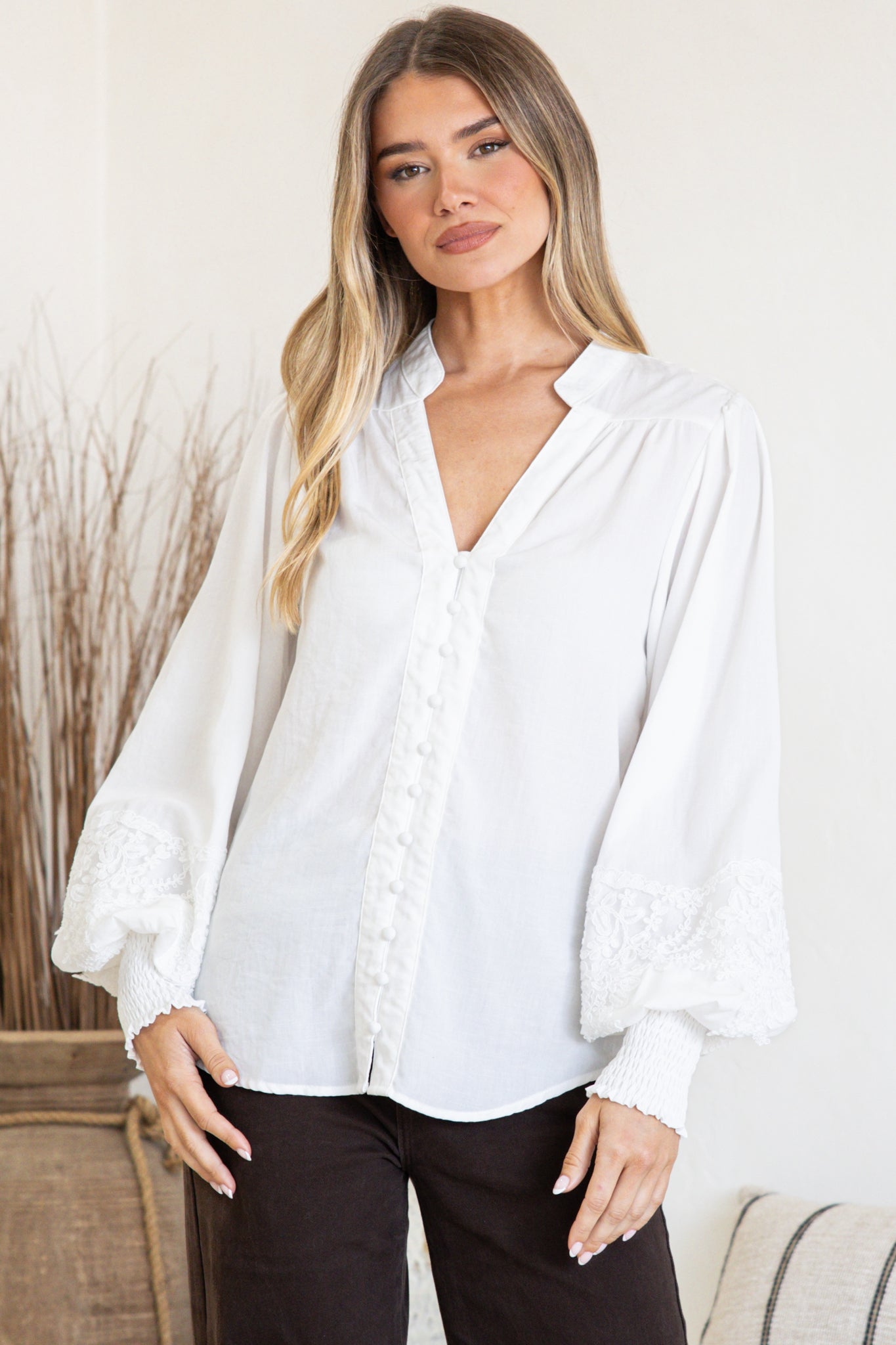 Beldon Blouse -High Mandarin Collar Button Down with Lace Motif Balloon Sleeves and Thick Shirred Cuffs in White