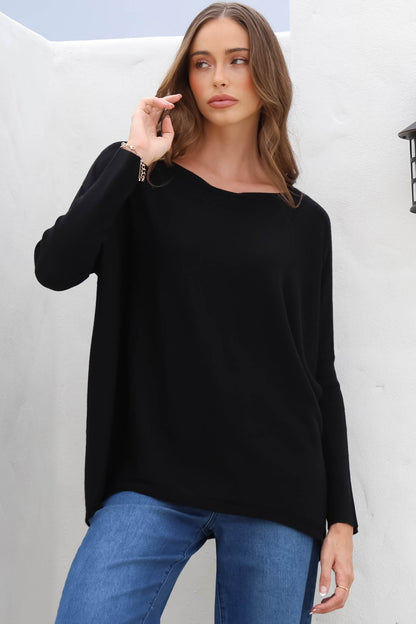 Belinda Knit Top - Boat Neckline Boxy Batwing Top in Black