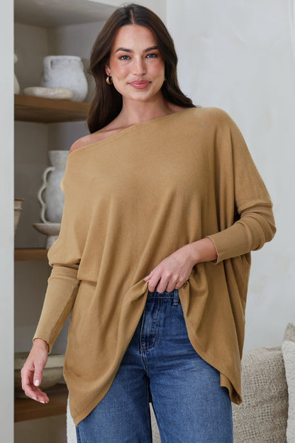 Belinda Knit Top - Boat Neckline Boxy Batwing Top in Caramel