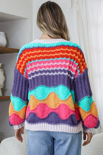 Bellamy Cardigan - Button Front V Neck Multicoloured Stripe Knit in Pink