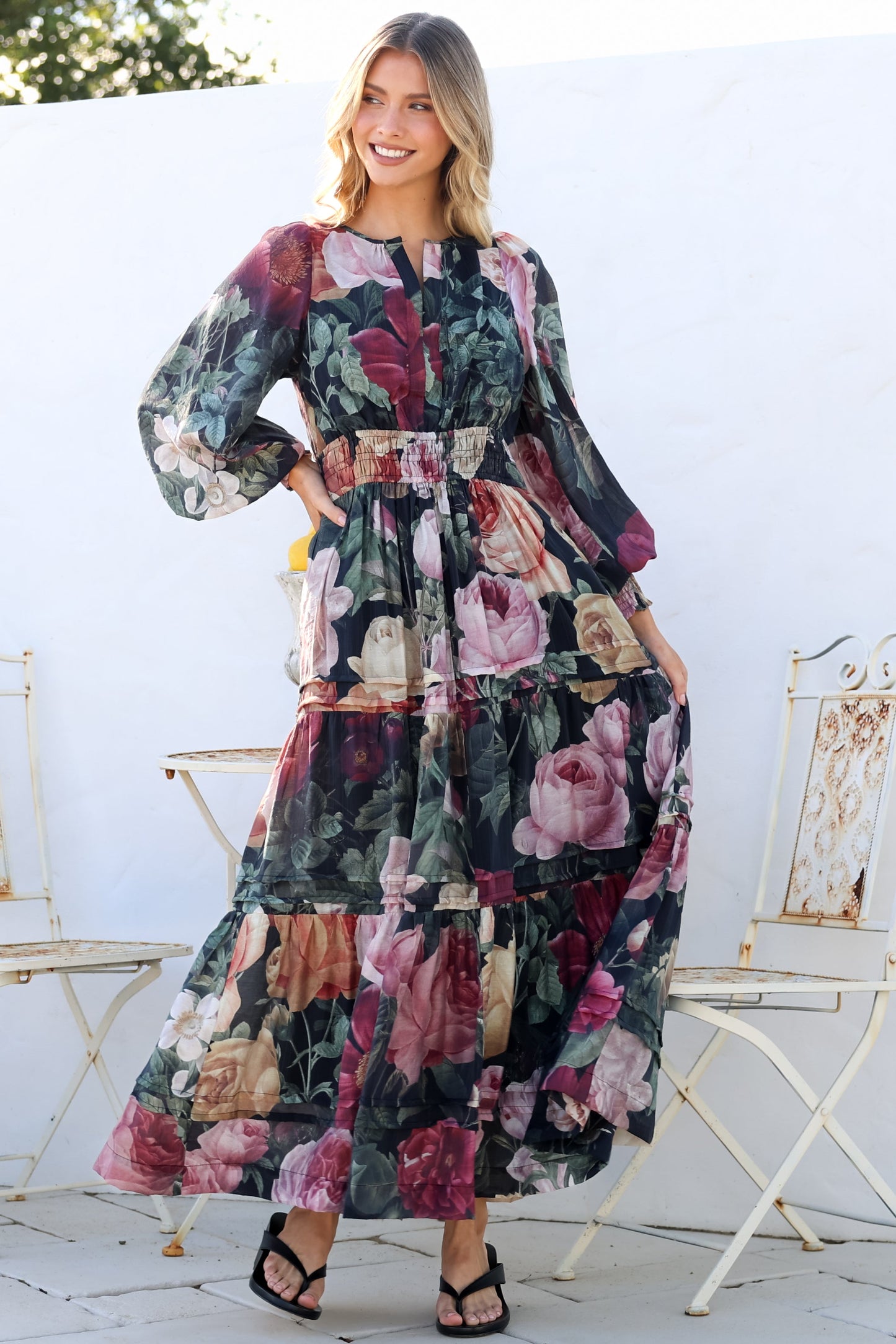 Bennett Maxi Dress - Split Crew Neck A-Line Tiered Dress with Pleat Details in Annalisa Print