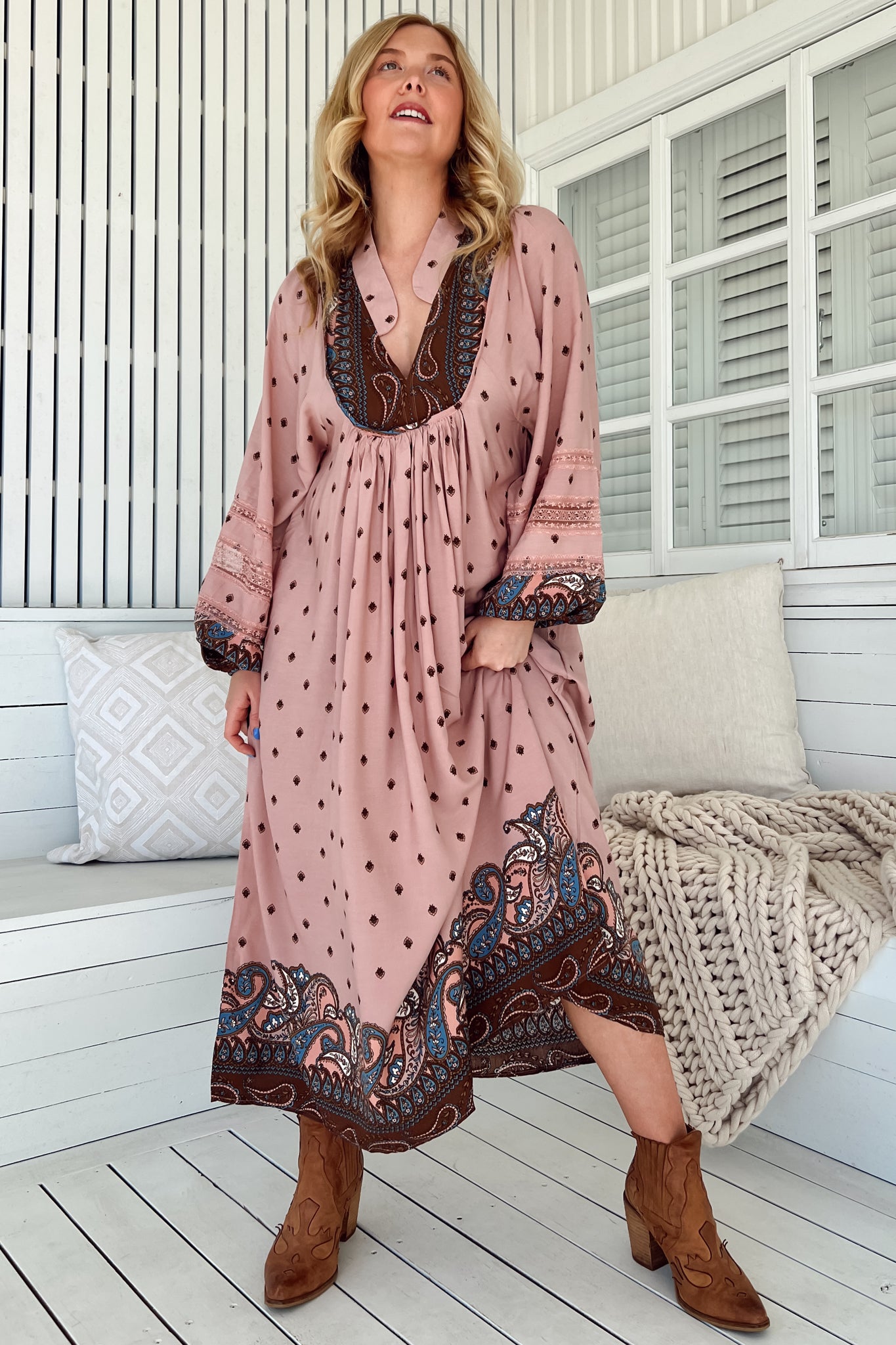 JAASE - Boheme Midi Dress: Long Sleeve Piping Defined Bust Slimline Smock Dress in Seraphina Print