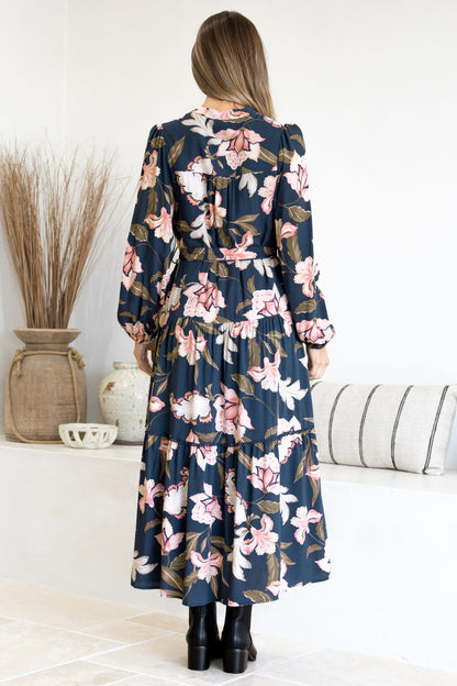 Bonham Maxi Dress - Mandarin Collar Front Button Placket Dress with Belt in Brighton Print