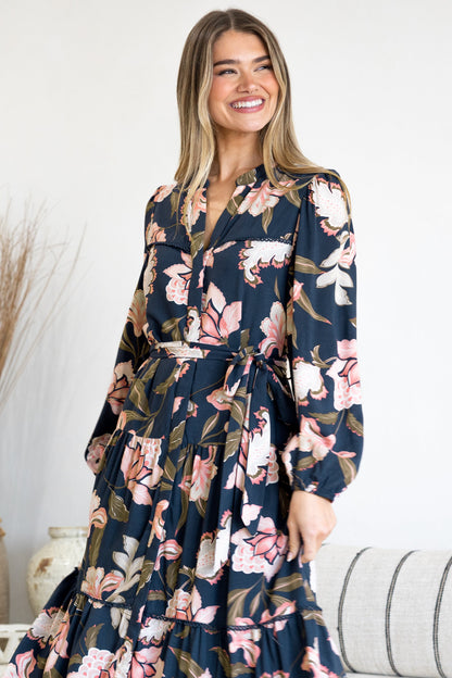 Bonham Maxi Dress - Mandarin Collar Front Button Placket Dress with Belt in Brighton Print