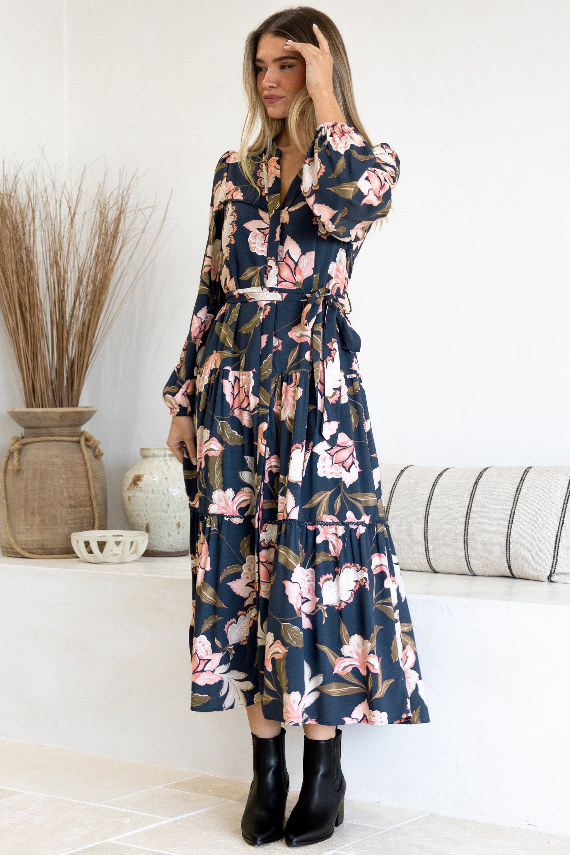 Bonham Maxi Dress - Mandarin Collar Front Button Placket Dress with Belt in Brighton Print
