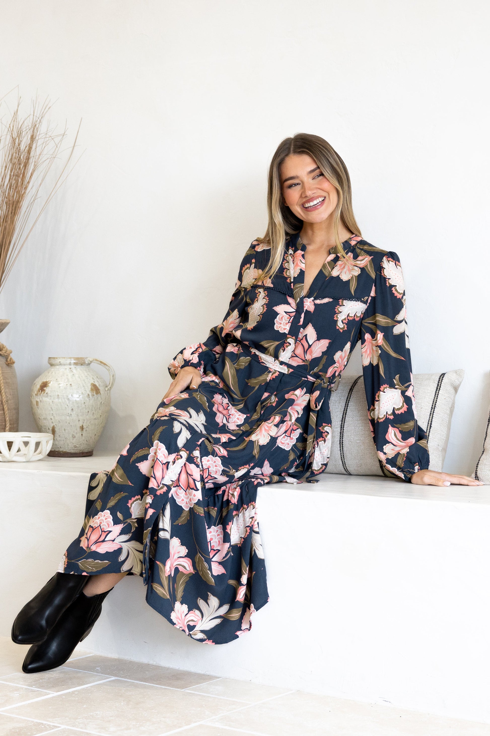Bonham Maxi Dress - Mandarin Collar Front Button Placket Dress with Belt in Brighton Print
