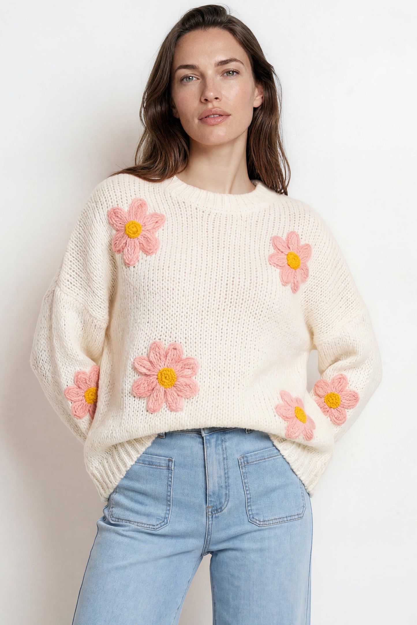 Amara Jumper - Crew Neck Floral Motif Knit with Ribbed Hemlines in White