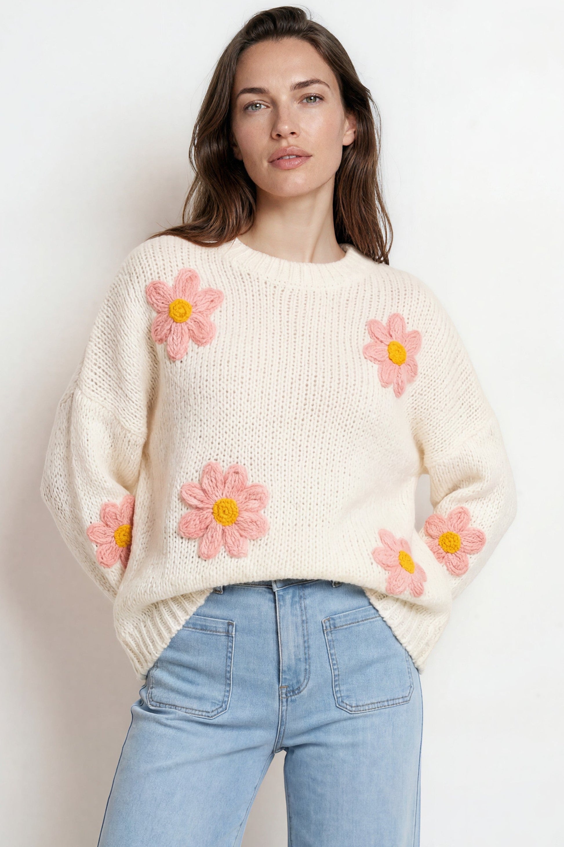 Amara Jumper - Crew Neck Floral Motif Knit with Ribbed Hemlines in White