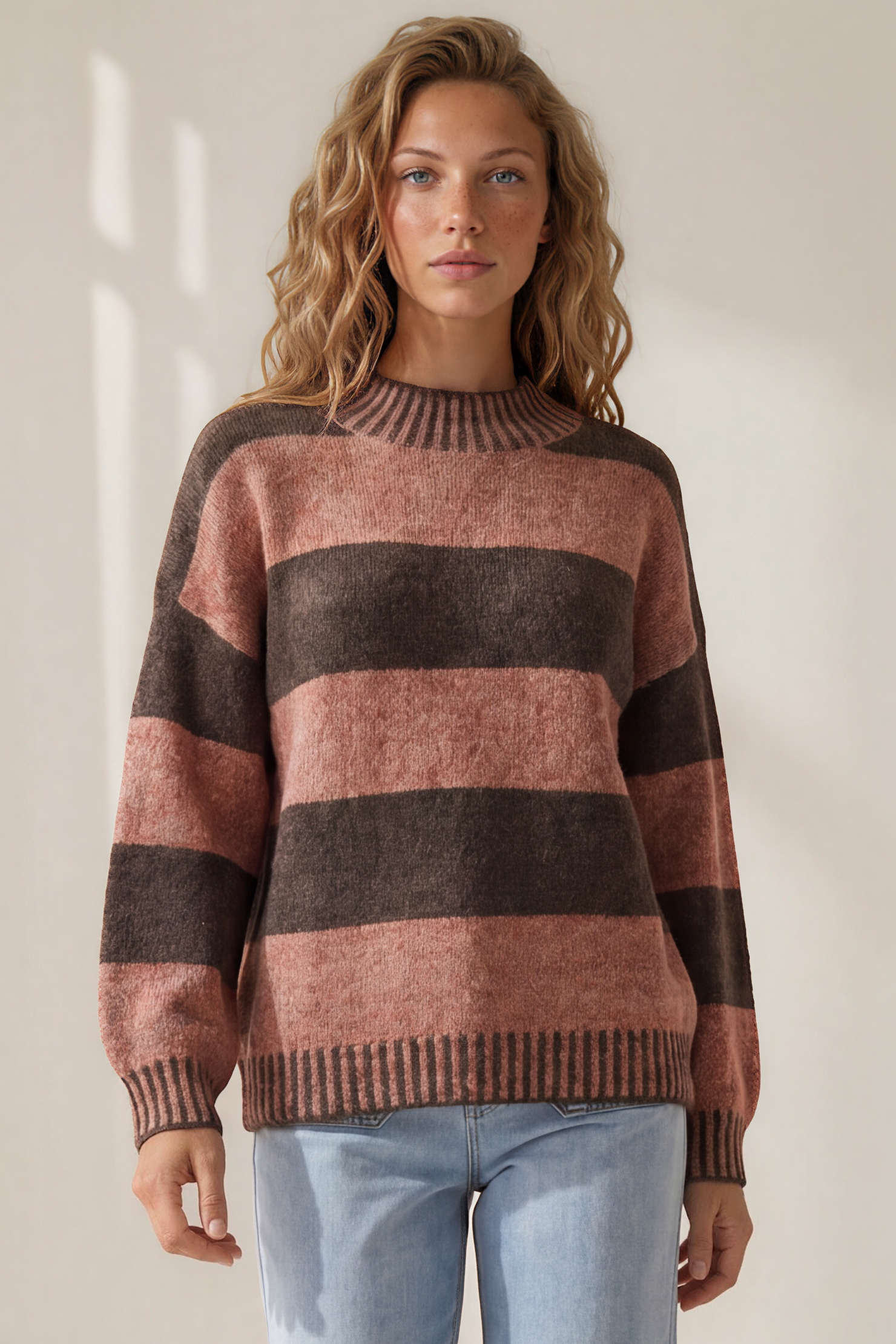 Janie Jumper - Mock Neck Striped Jumper with Contrast Stripe Hemlines in Tobacco