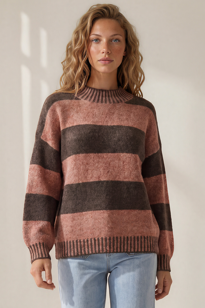 Janie Jumper - Mock Neck Striped Jumper with Contrast Stripe Hemlines in Tobacco