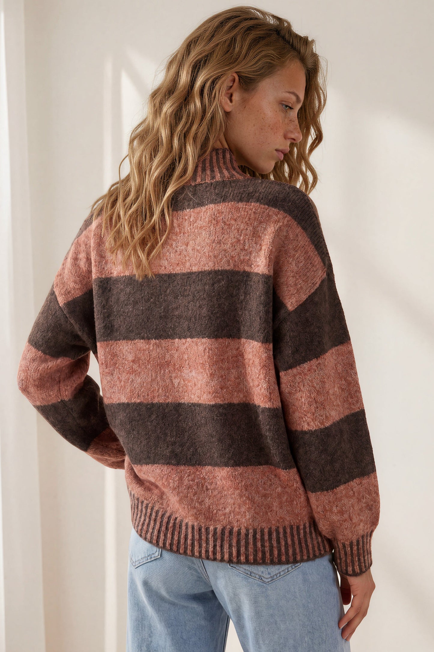Janie Jumper - Mock Neck Striped Jumper with Contrast Stripe Hemlines in Tobacco