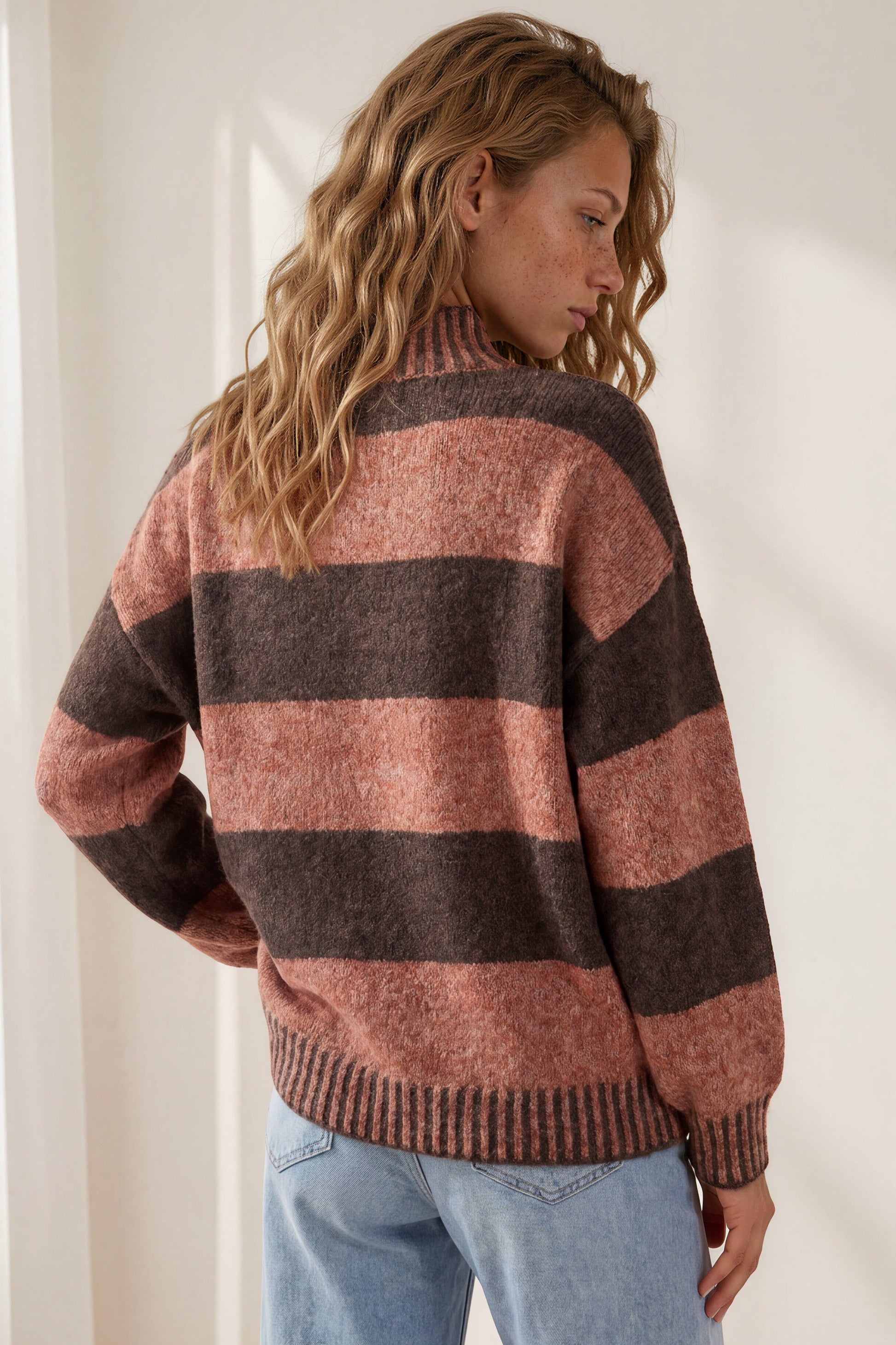 Janie Jumper - Mock Neck Striped Jumper with Contrast Stripe Hemlines in Tobacco