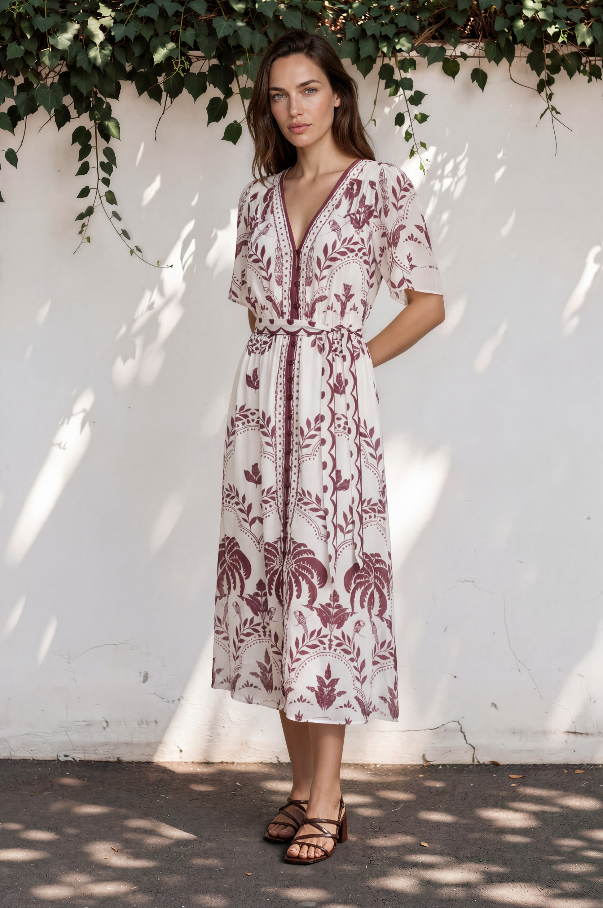 Kaitlyn Midi Dress - V-Neckline Dress with Short Flutter Sleeves in  Maisy Print Wine