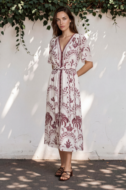 Kaitlyn Midi Dress - V-Neckline Dress with Short Flutter Sleeves in  Maisy Print Wine