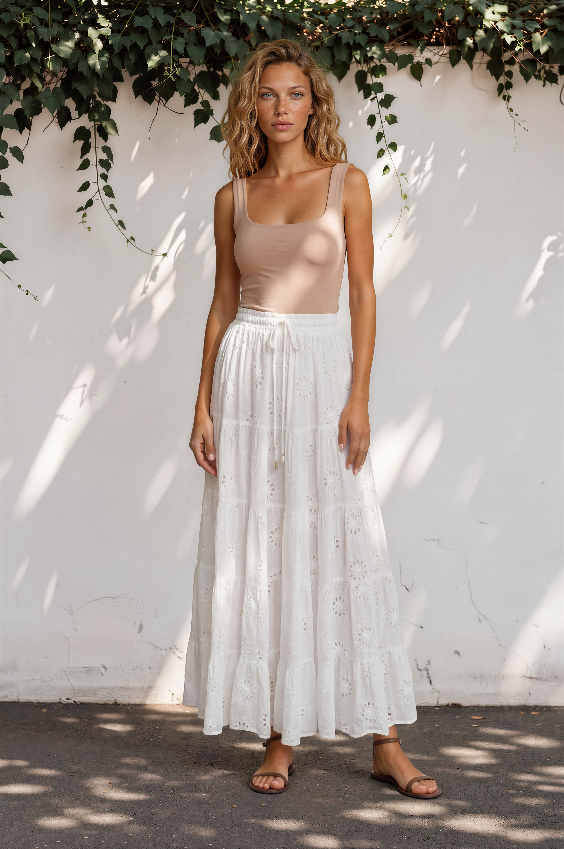 Blanche Maxi Skirt - Hollow out Embroidered Skirt in White