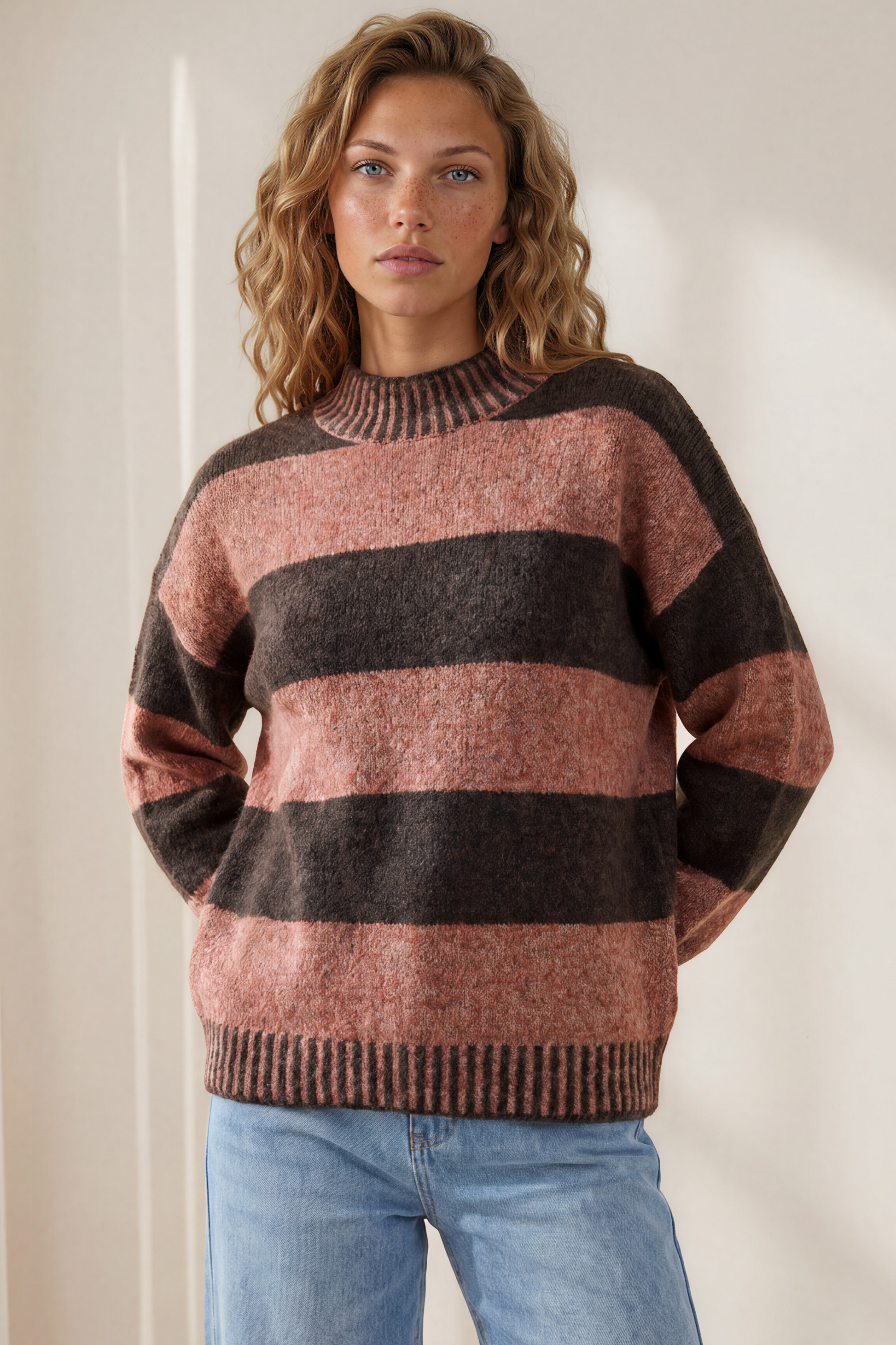 Janie Jumper - Mock Neck Striped Jumper with Contrast Stripe Hemlines in Tobacco