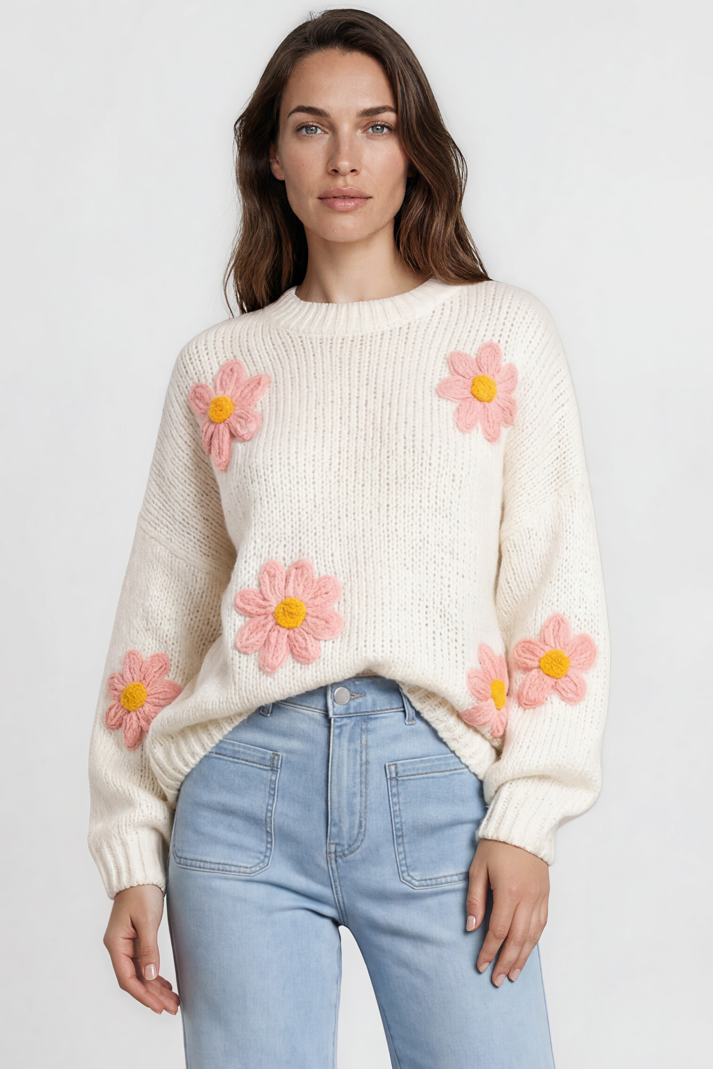 Amara Jumper - Crew Neck Floral Motif Knit with Ribbed Hemlines in White