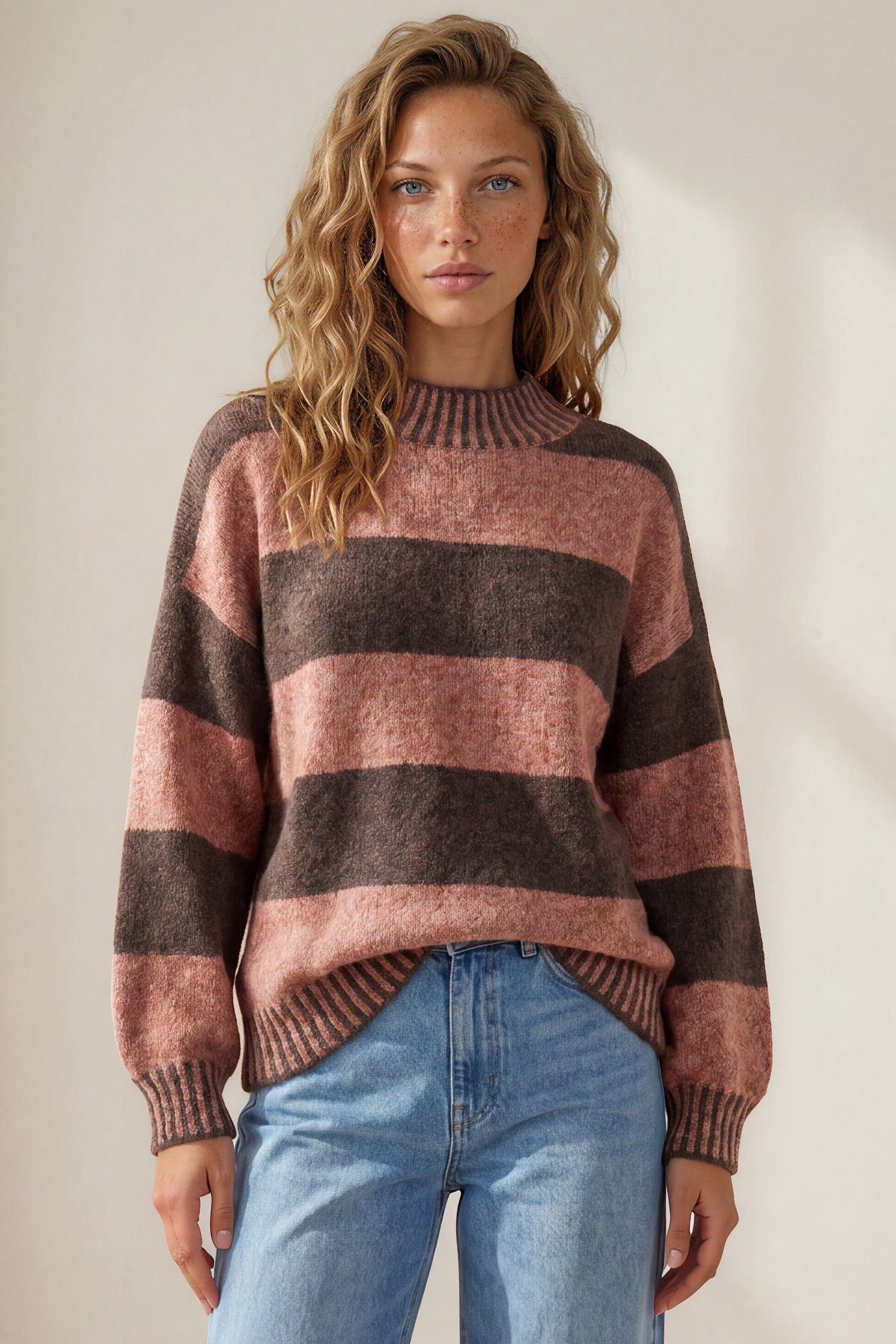 Janie Jumper - Mock Neck Striped Jumper with Contrast Stripe Hemlines in Tobacco